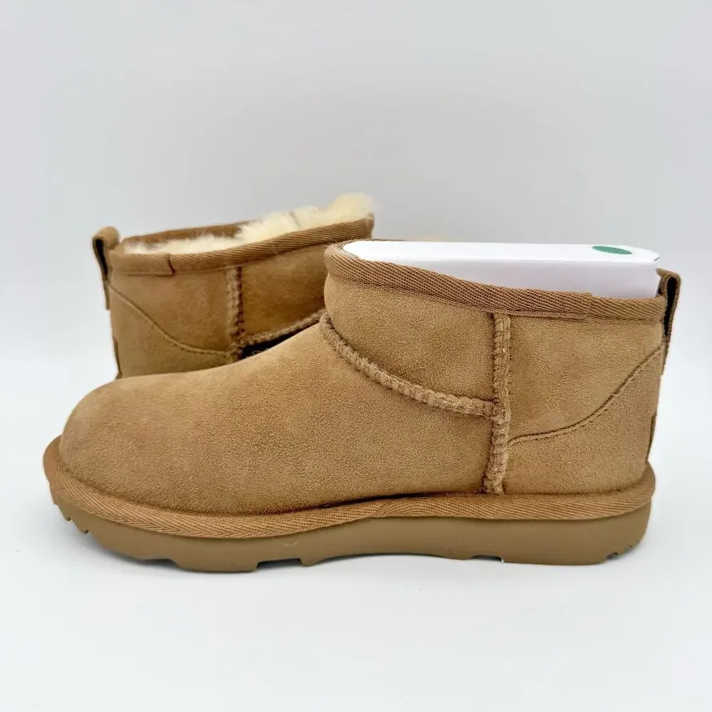 UGG Kids Classic Ultra Mini Boot US 1 EU 32.5 Chestnut Brown Sheepskin Suede NIB